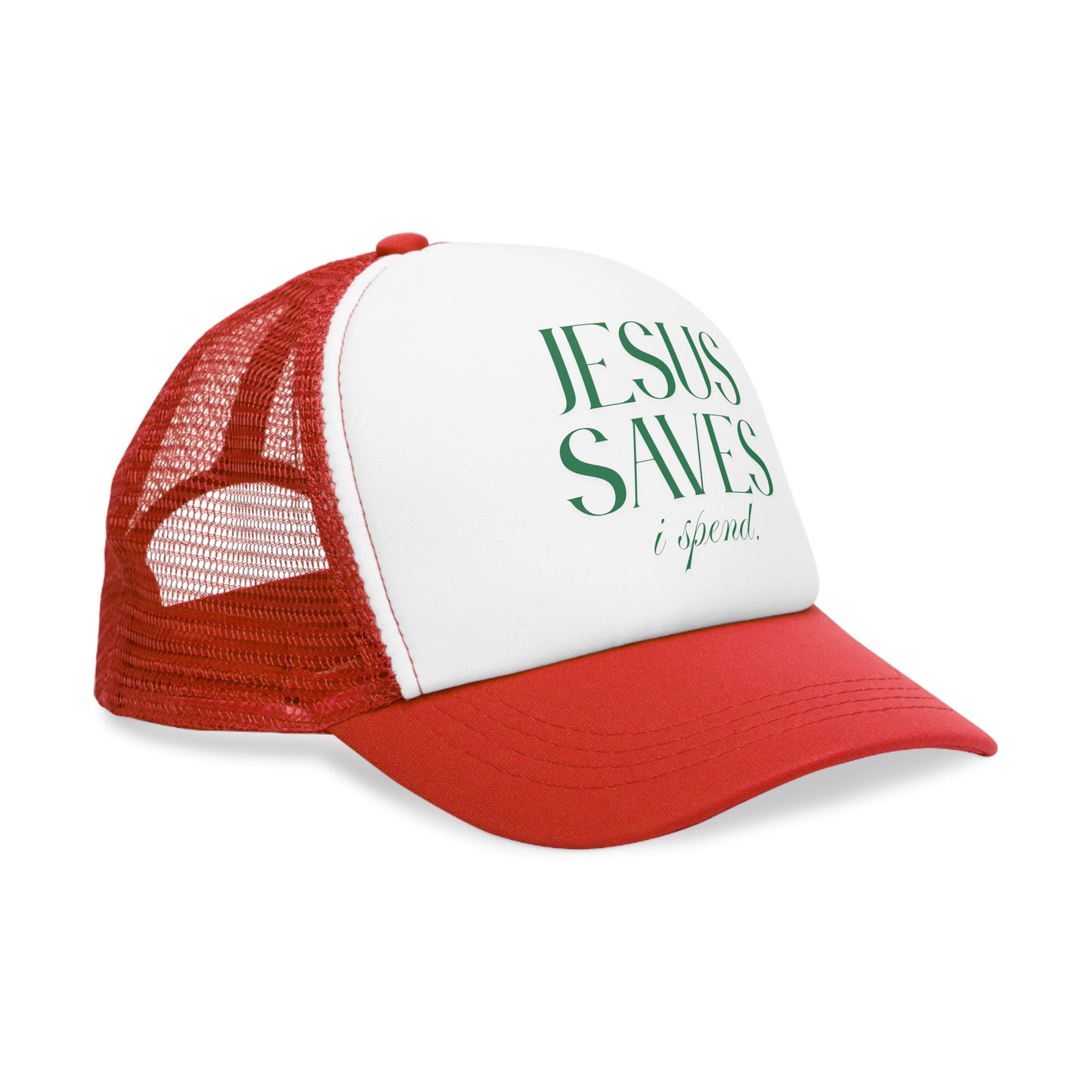 "Jesus Saves, I Spend" Mesh Trucker Hat