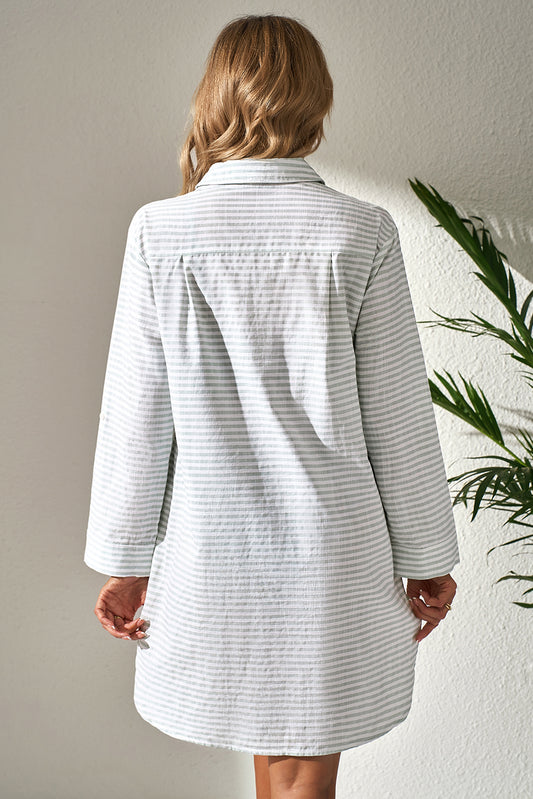 White Stripe Beach Cover Up Shirt – Collared Long Sleeve Button Down