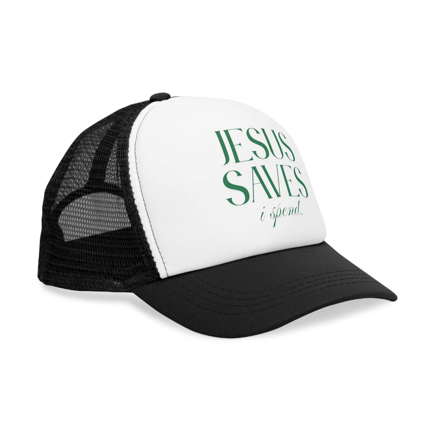 "Jesus Saves, I Spend" Mesh Trucker Hat