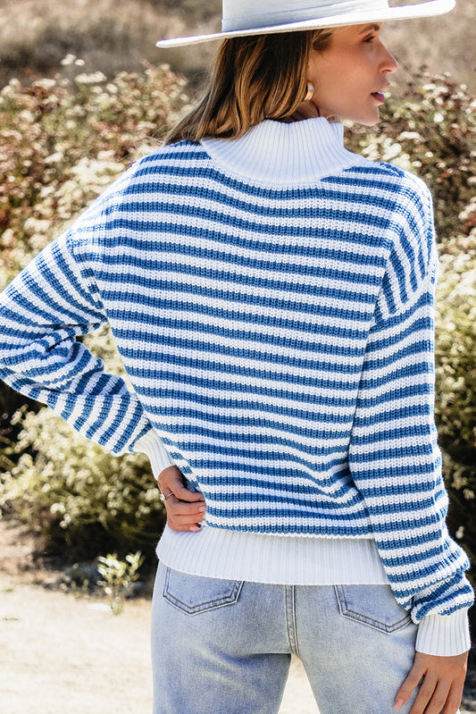 Striped Zip-Up Coastal Sweater – Khaki, Blue, & Black