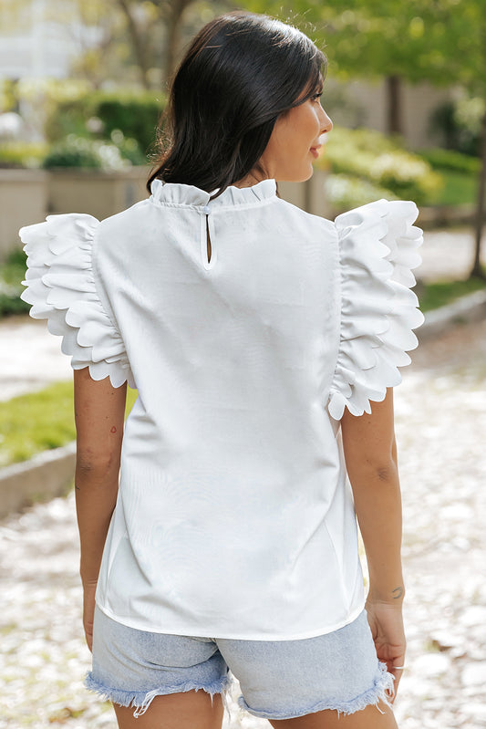 White Ruffle Sleeve Frilled Neck Blouse