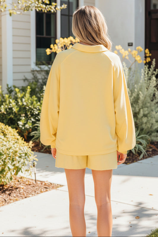 Yellow Cream Button Collar Drop Shoulder Pullover and Shorts 2pcs Outfit