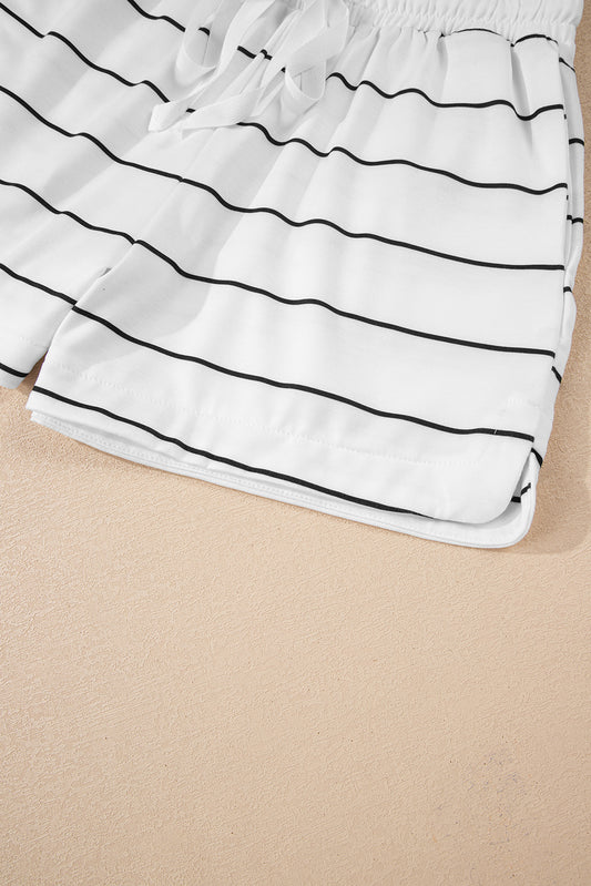 White Striped Pullover + Shorts Set 2pcs Outfit