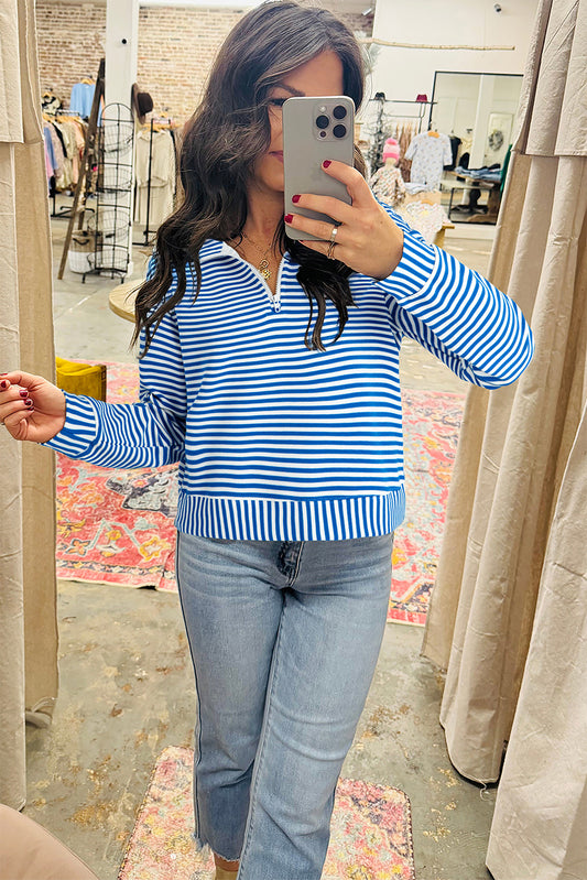 Blue Striped Quarter Zip Pullover Top