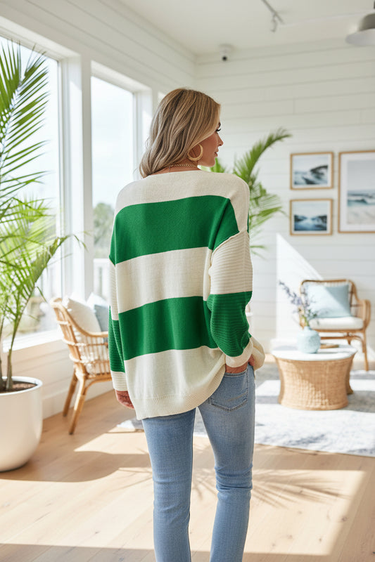 Stripe Colorblock V Neck Sweater – Bubble Sleeve Knit Pullover