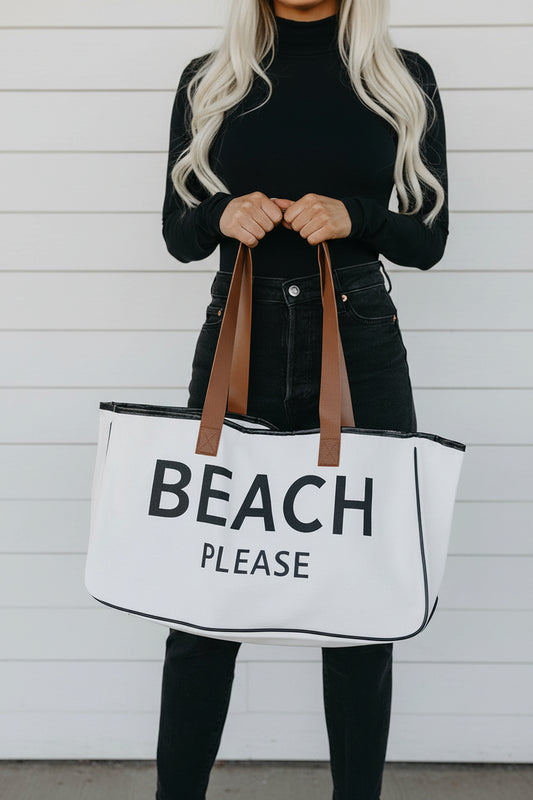 “Beach Please” Oversized Canvas Tote Bag – White Beach Bag
