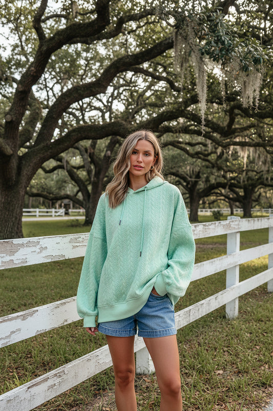Moonlight Jade Cable Textured Hoodie – Oversized Cozy Sweatshirt