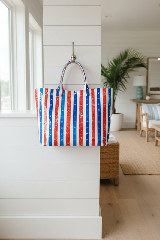 Red, White, and Blue Waterproof Vinyl Tote Bag – Colorblock Beach Carryall