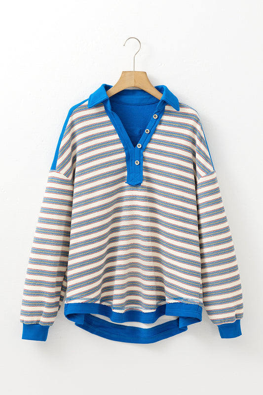 Striped Collared V-Neck Button Top