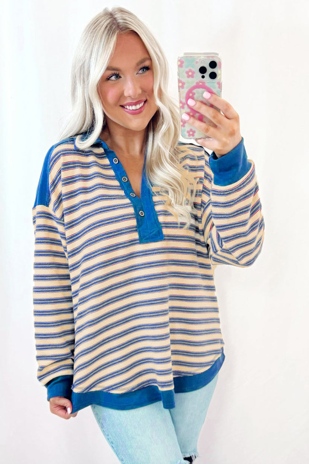 Striped Collared V-Neck Button Top