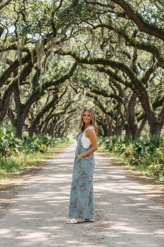 Beau Blue Floral Denim Overalls – Vintage Pleated Jumpsuit