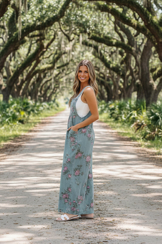 Beau Blue Floral Denim Overalls – Vintage Pleated Jumpsuit