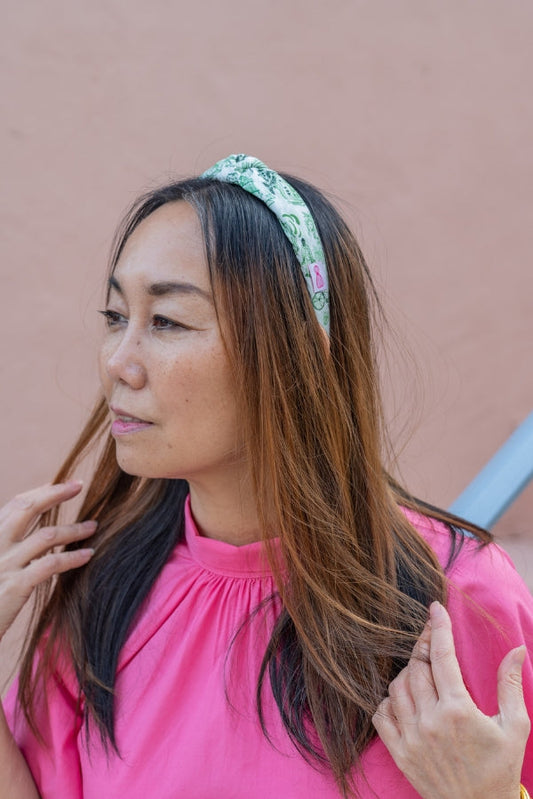 The Tiny Tassel Headband in Green Charleston Toile Print