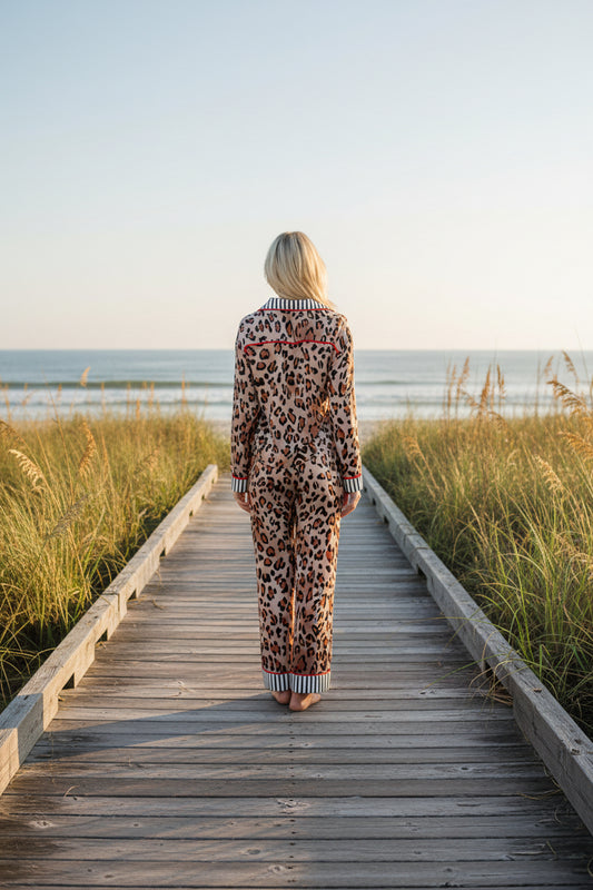 Khaki Leopard Print Colorblock Striped Edge Shirt and Pants Pajama Set