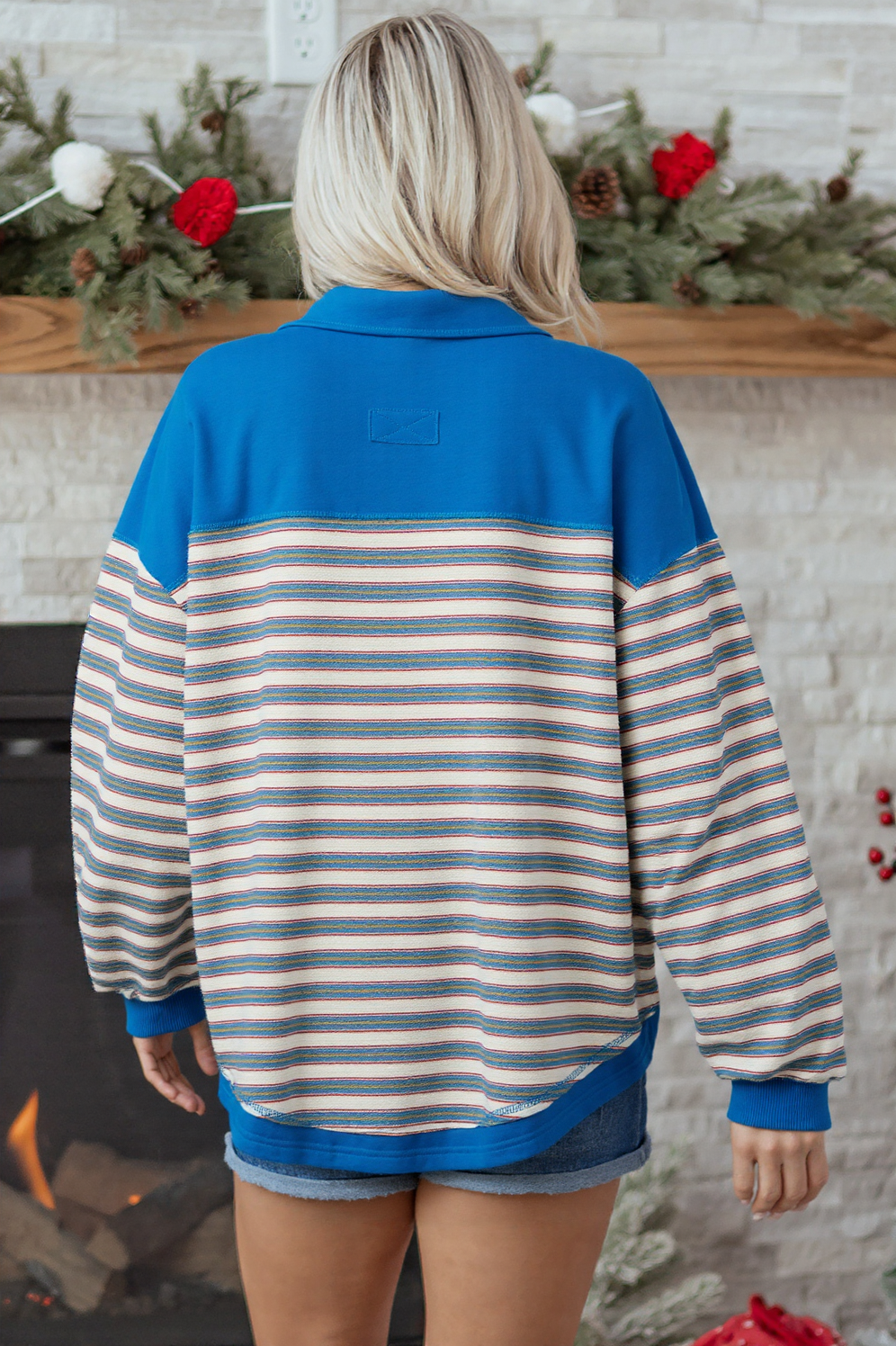 Striped Collared V-Neck Button Top