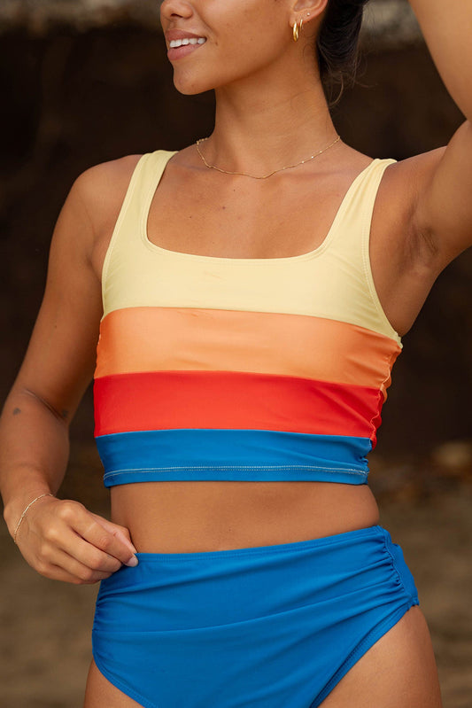 Colorblock High Waist Bikini Set – Square Neck Pleated Swimwear