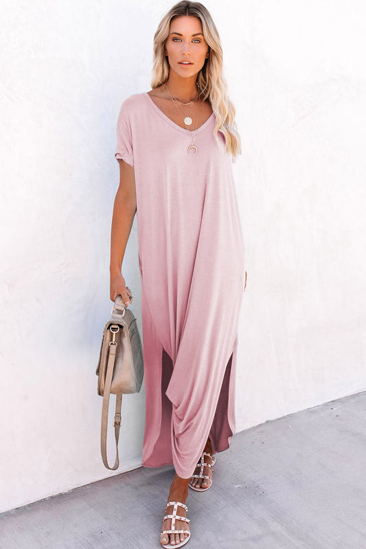 V Neck Maxi T Shirt Dress – Side Split Casual Dress with Pockets