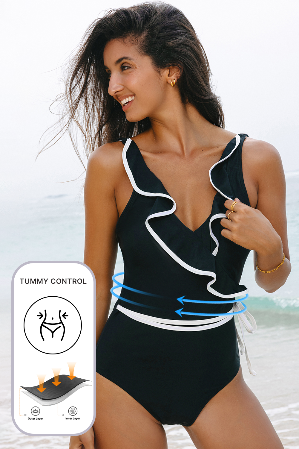 Black & White Ruffle One Piece Swimsuit – V Neck Waist Tie Swimwear