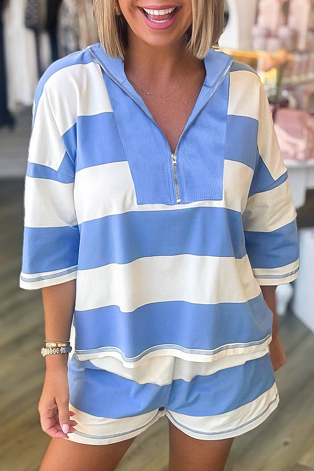 Sky Blue Striped Two Piece Short Set – Zip Collar Top & High Waist Shorts