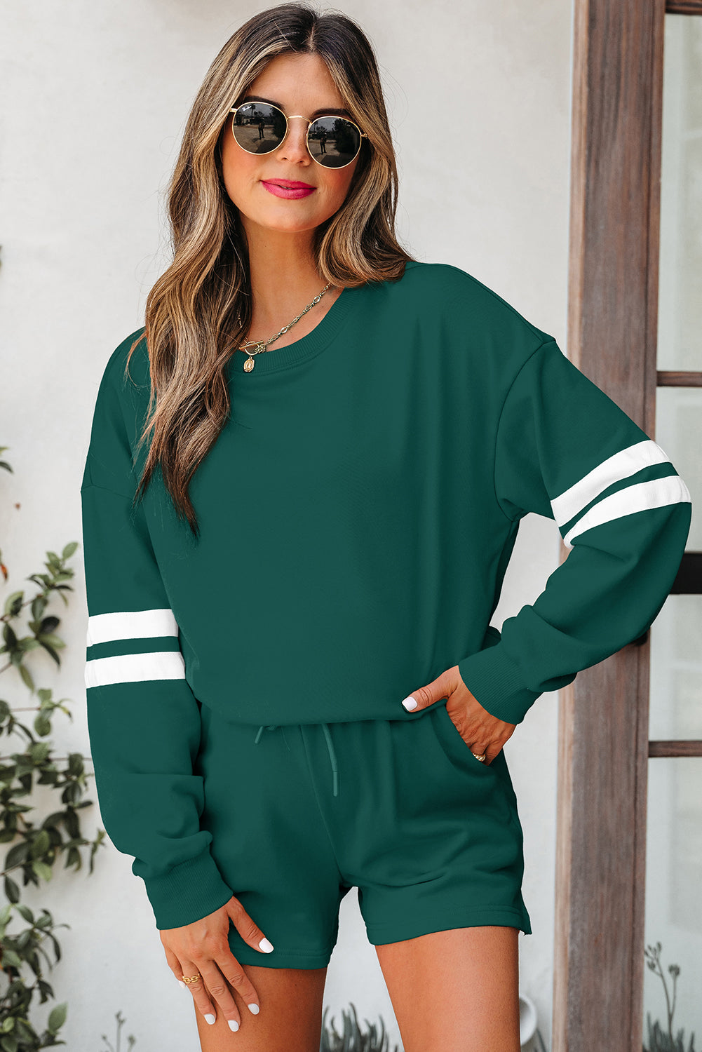 Varsity Two Piece Short Set – Drop Shoulder Pullover Lounge Set