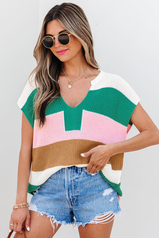 Multicolor Colorblock Knit T Shirt – V Neck Striped Short Sleeve Sweater