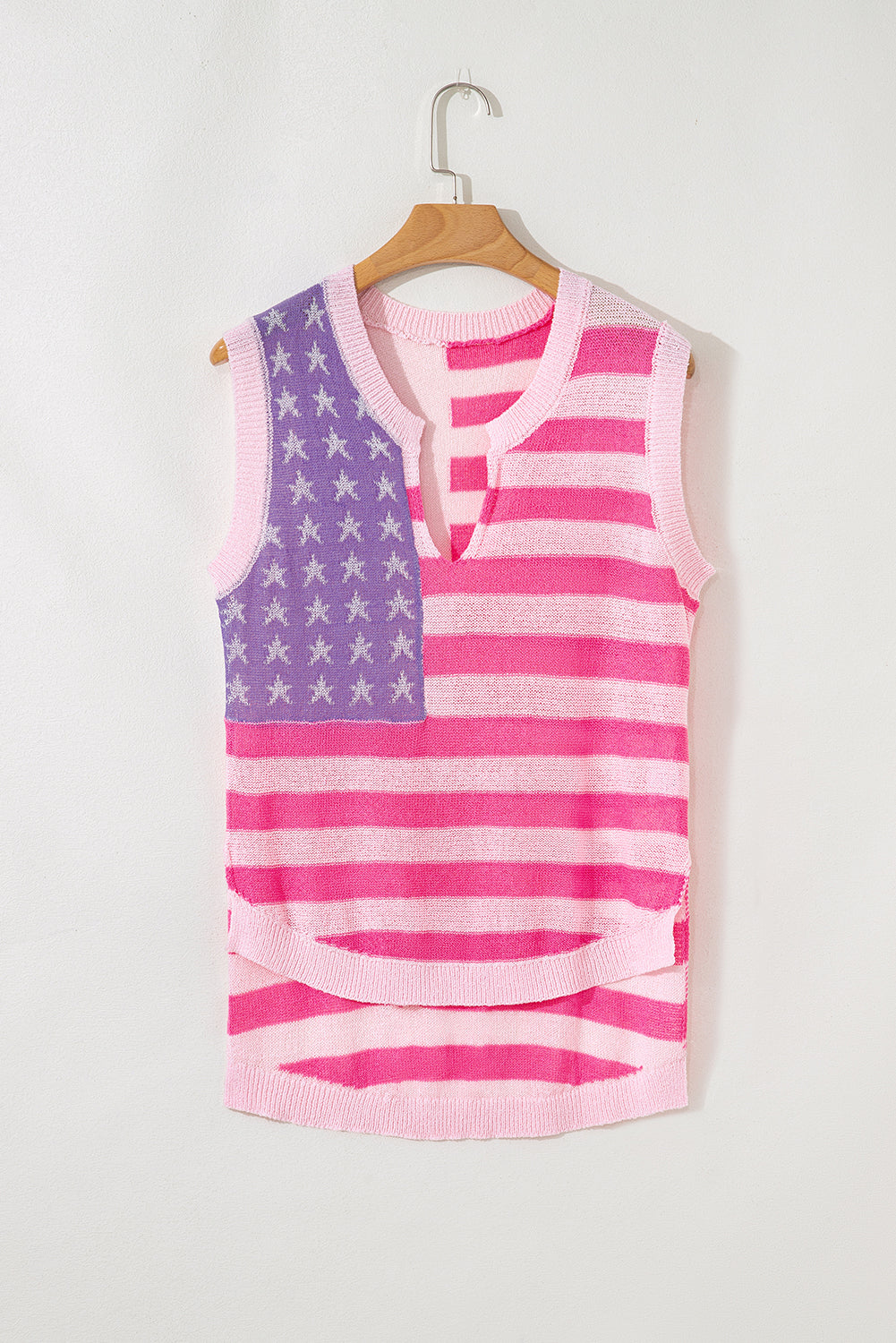 Pink Stripe Flag Knit Tank – V Neck Sleeveless Relaxed Top
