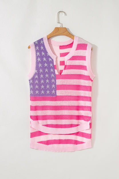 Pink Stripe Flag Knit Tank – V Neck Sleeveless Relaxed Top
