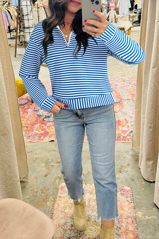 Blue Striped Quarter Zip Pullover Top