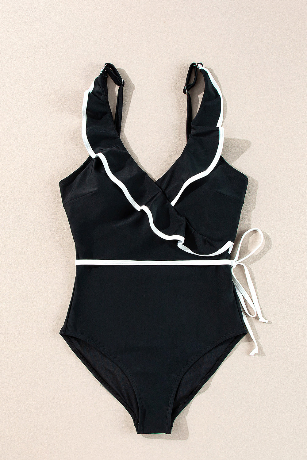 Black & White Ruffle One Piece Swimsuit – V Neck Waist Tie Swimwear