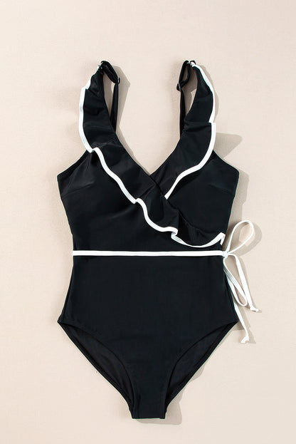 Black & White Ruffle One Piece Swimsuit – V Neck Waist Tie Swimwear