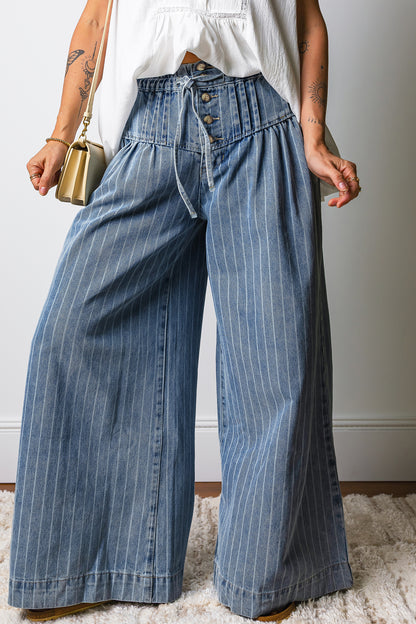 Sky Blue Stripe Wide Leg Bohemian Jeans – Drawstring Waist Striped Denim Pants