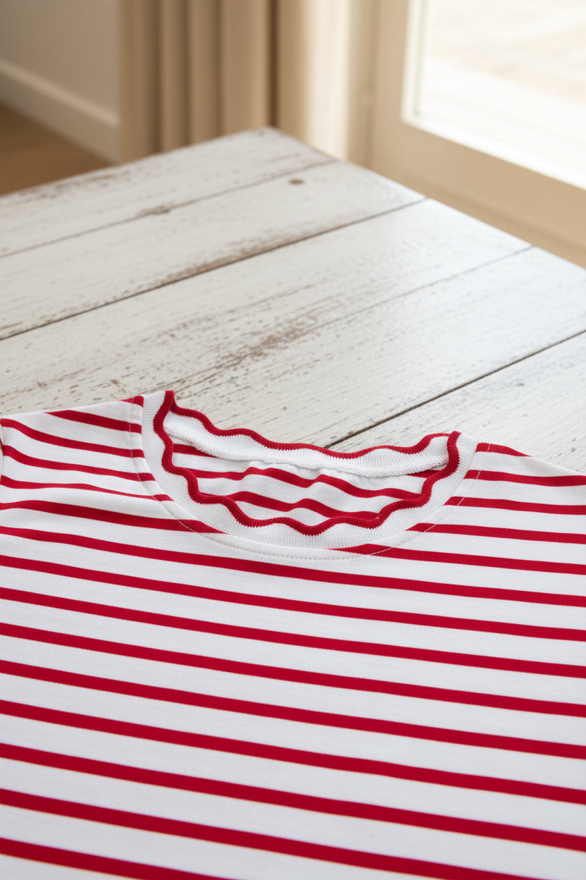 Red Stripe Two Piece Short Set – Scalloped Trim Lounge Outfit