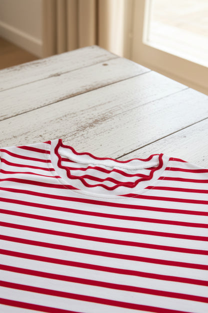 Red Stripe Two Piece Short Set – Scalloped Trim Lounge Outfit