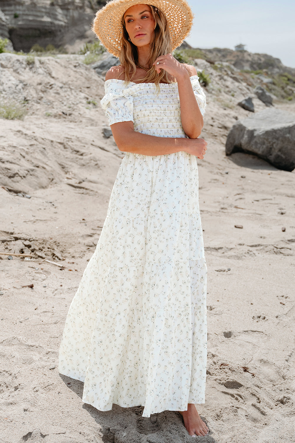 White Floral Shirred Maxi Dress – Square Neck Puff Sleeve Tiered Dress