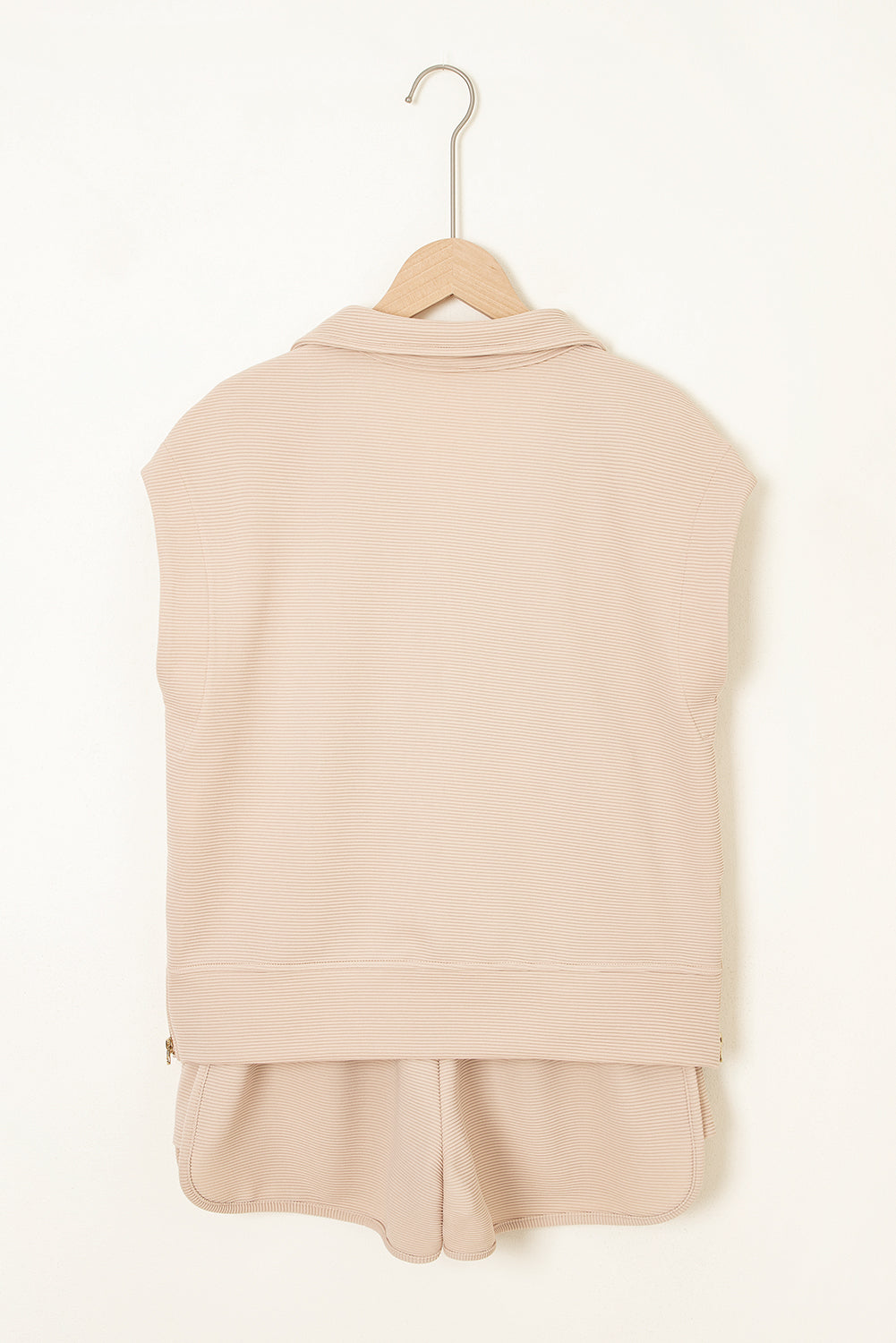 Parchment Textured Knit Two Piece Short Set – Zip Up Top & High Waist Shorts