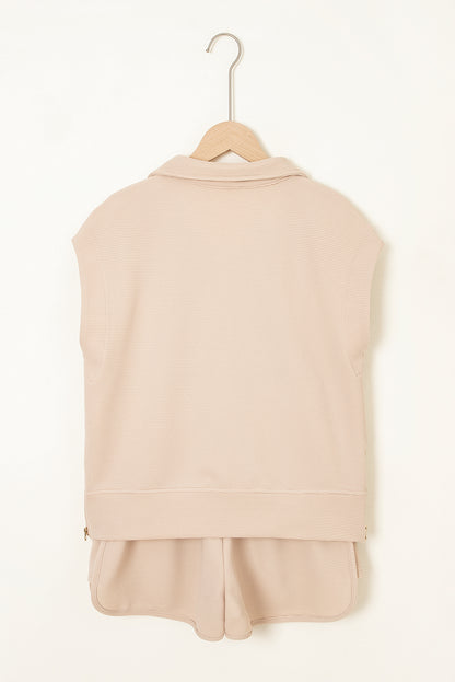 Parchment Textured Knit Two Piece Short Set – Zip Up Top & High Waist Shorts