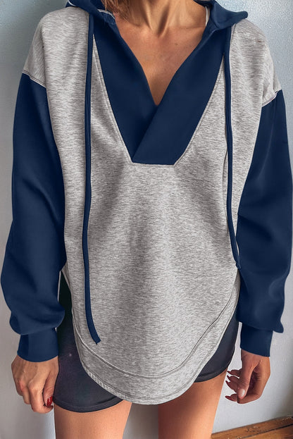 Light Grey Colorblock Hoodie – Patchwork Drawstring Pullover