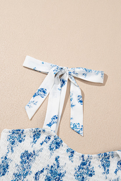 Sky Blue Floral Maxi Dress – Shirred Bodice Sleeveless Summer Dress