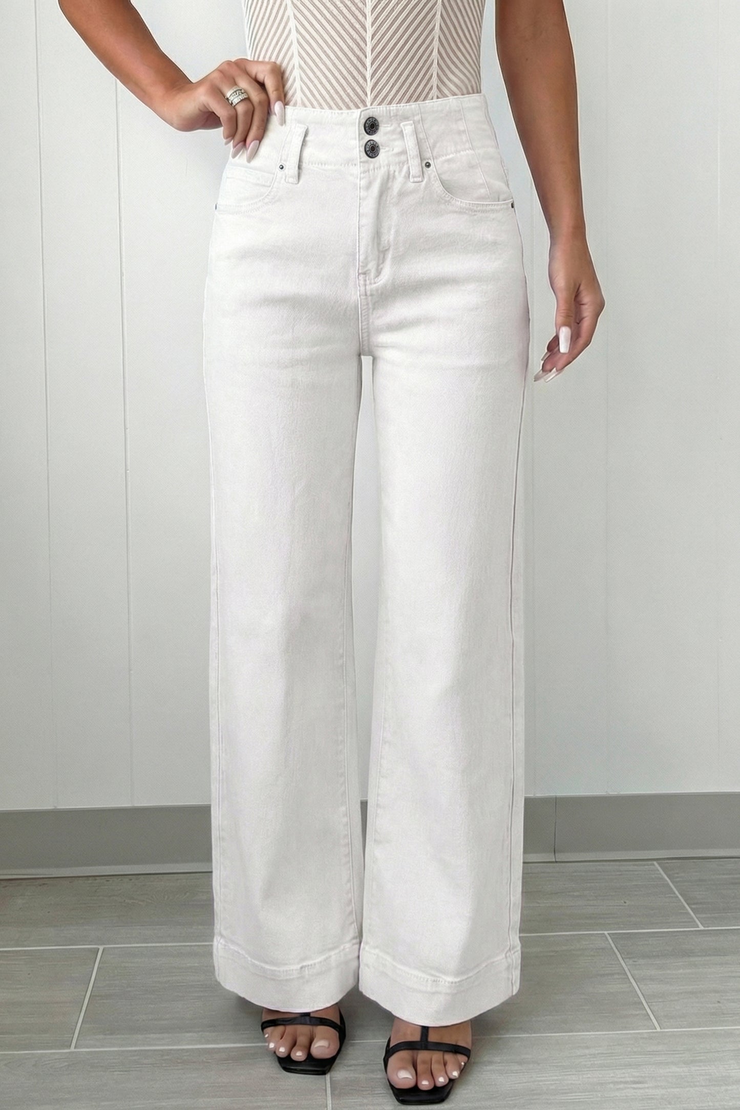 High Waist Stretch Jeans – Double Button Denim Pants