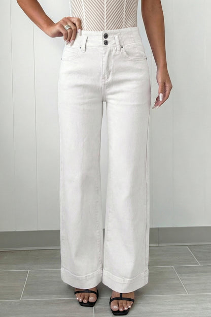 High Waist Stretch Jeans – Double Button Denim Pants
