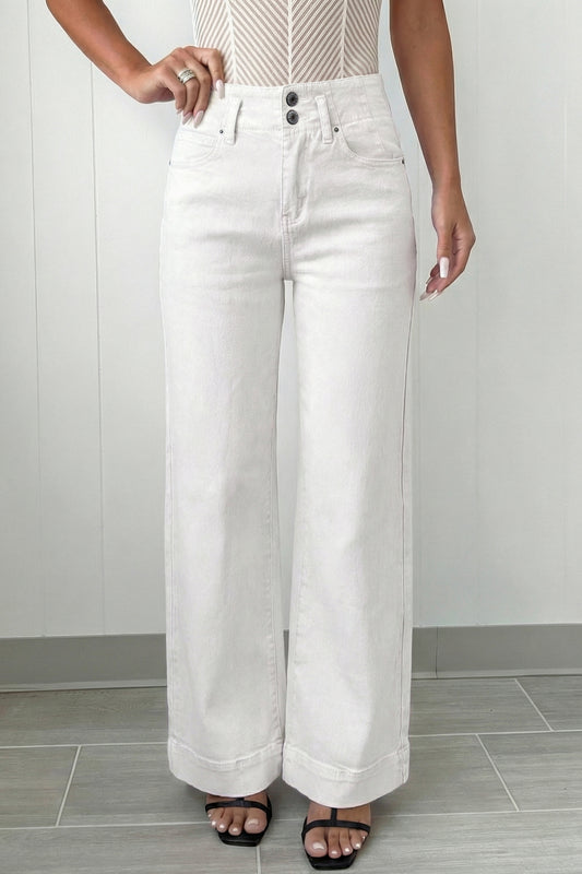 High Waist Stretch Jeans – Double Button Denim Pants