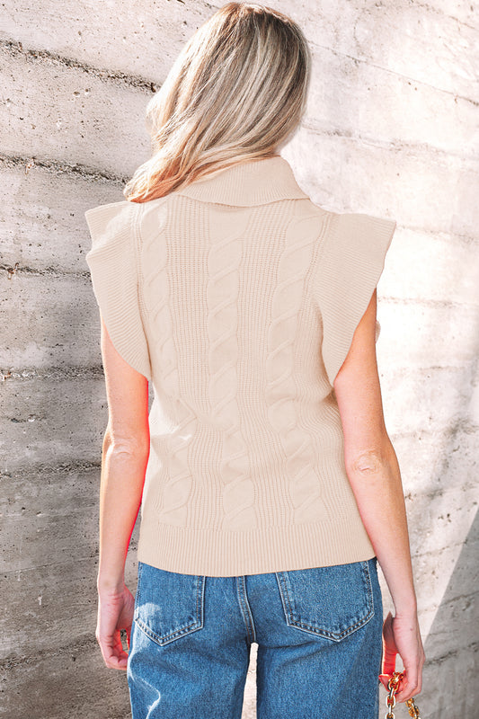 Jet Stream Cable Knit Short Sleeve Sweater – Ruffle Sleeve Turtleneck Top