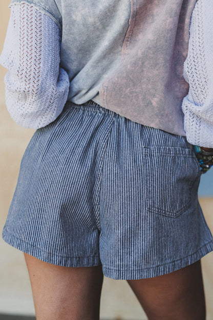 Sky Blue Stripe Denim Shorts – High Waist Drawstring Summer Shorts