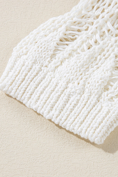 White Ripped Crochet Knit Sweater