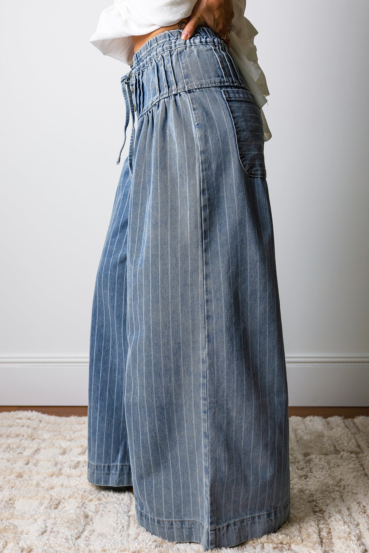 Sky Blue Stripe Wide Leg Bohemian Jeans – Drawstring Waist Striped Denim Pants