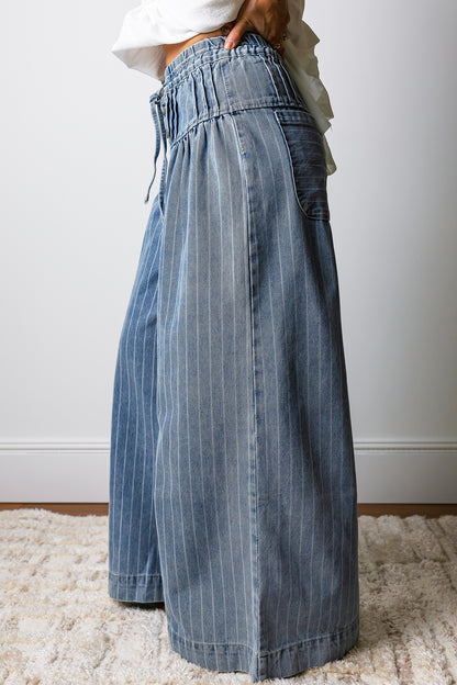 Sky Blue Stripe Wide Leg Bohemian Jeans – Drawstring Waist Striped Denim Pants