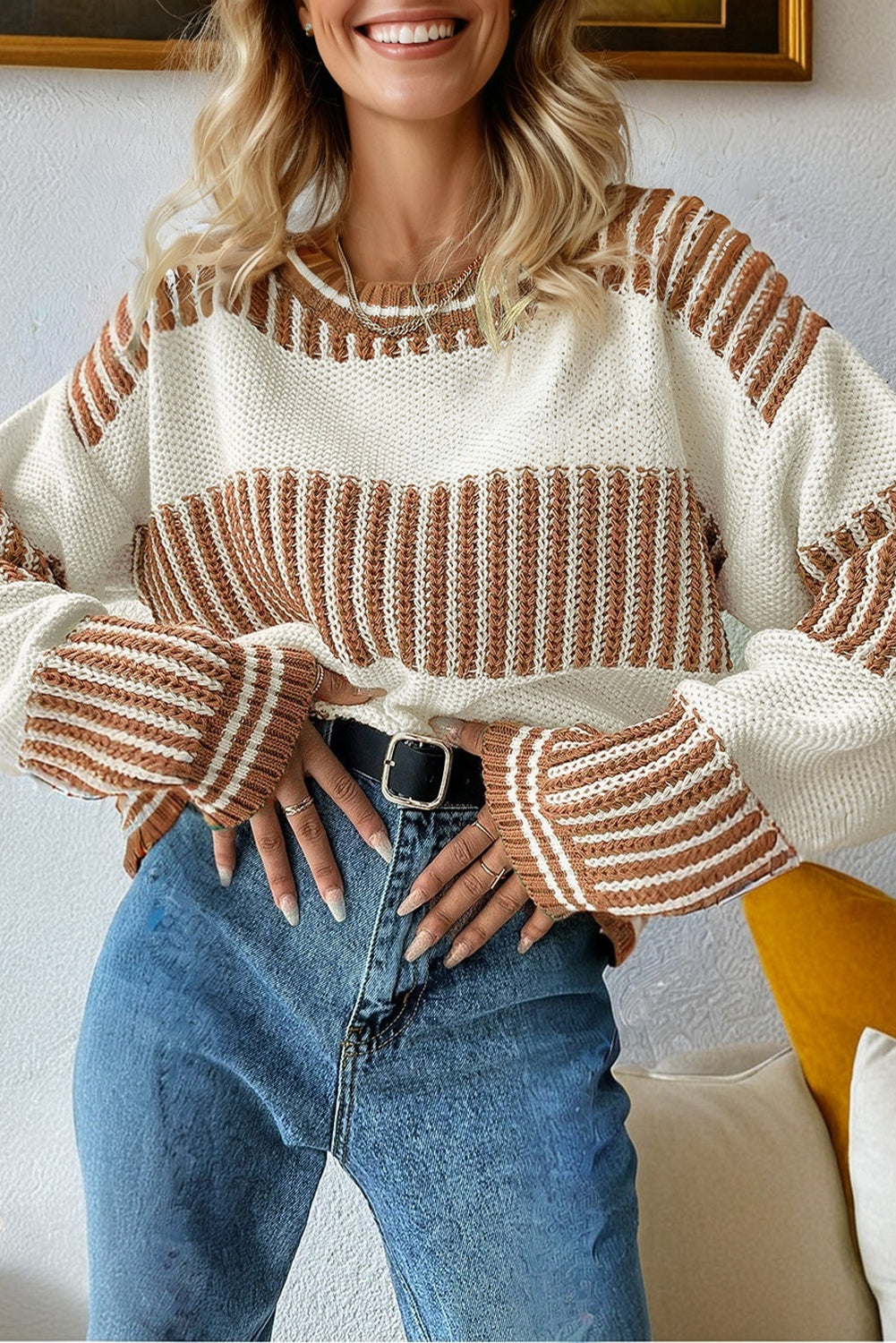 Two Tone Striped Patchwork Drop Shoulder Loose Sweater