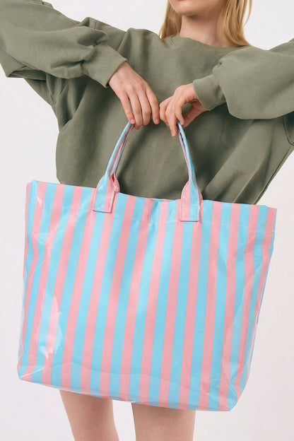 Yellow Cream Striped Waterproof Tote – Oversized Coastal Carryall Bag