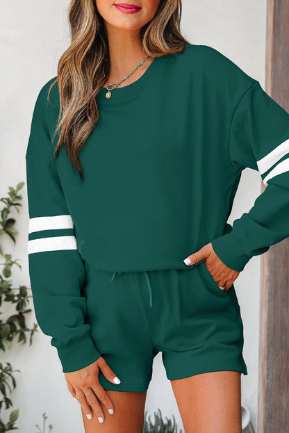 Varsity Two Piece Short Set – Drop Shoulder Pullover Lounge Set