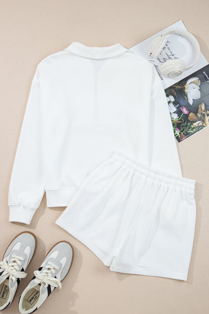 White Lace-Up Two Piece Short Set – Ribbed Collar Drop Shoulder Lounge Set